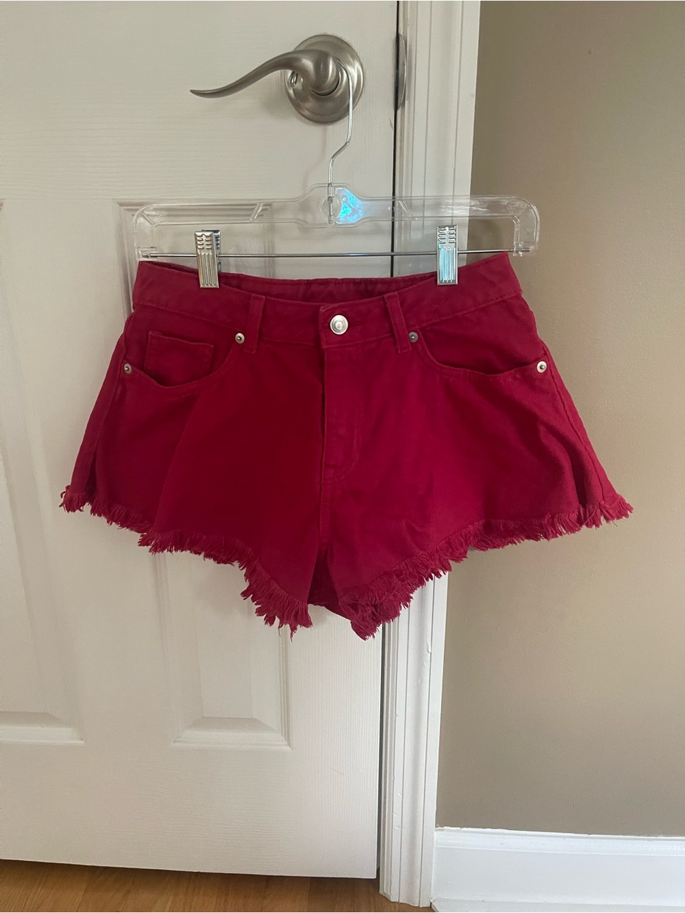 Divided High-Waist Frayed Hem Shorts in Deep Raspberry